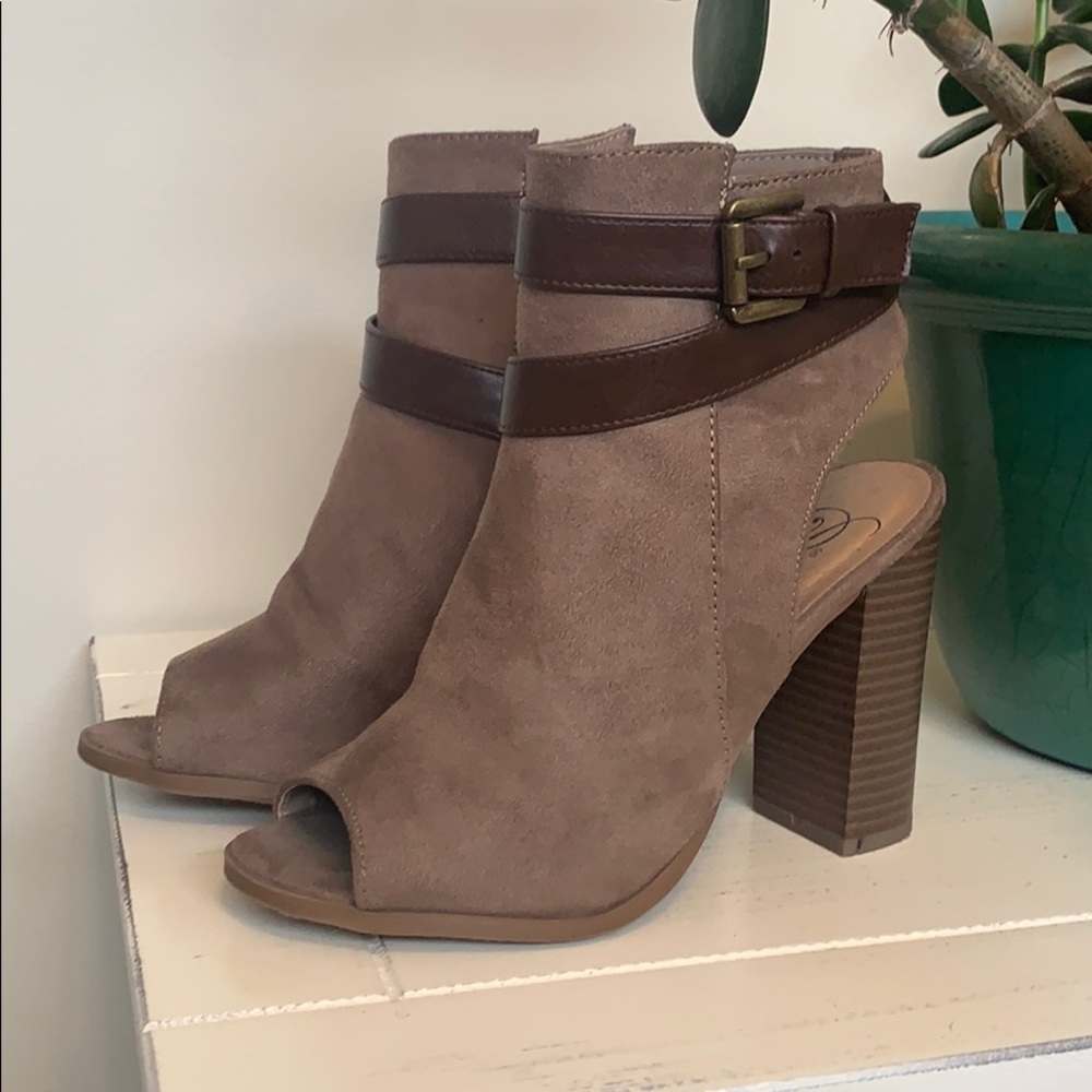 Suede peep toe open back heels